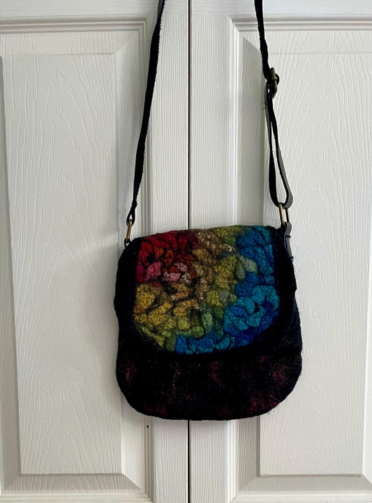 Felted Crossbody Bag, Black and Rainbow