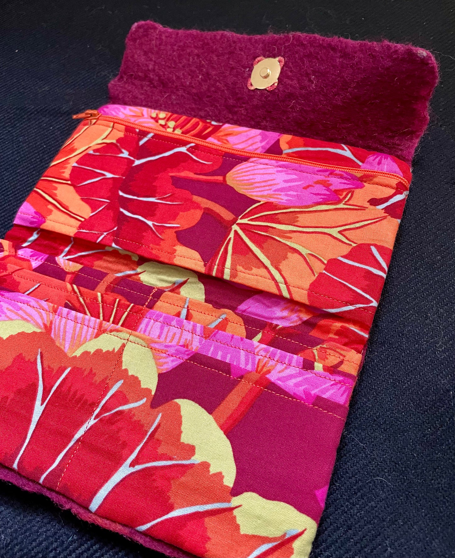Felted Trifold Wallet, Rose Pink Lined, Unique Design