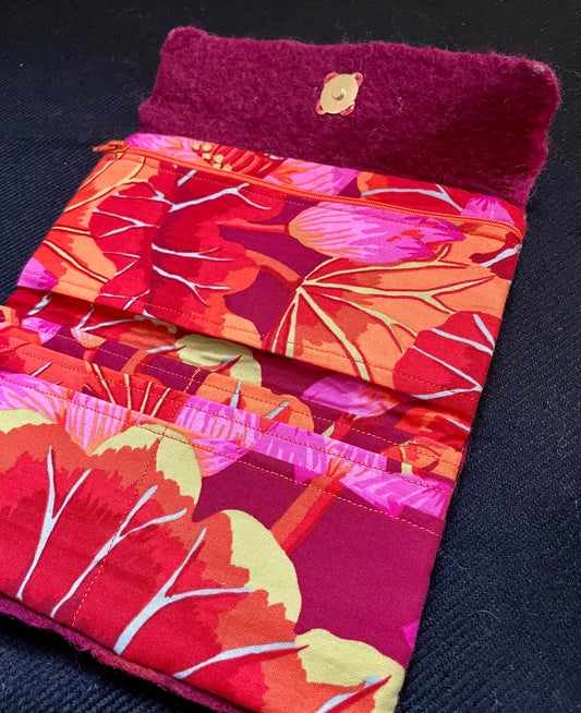 Felted Trifold Wallet, Rose Pink Lined, Unique Design